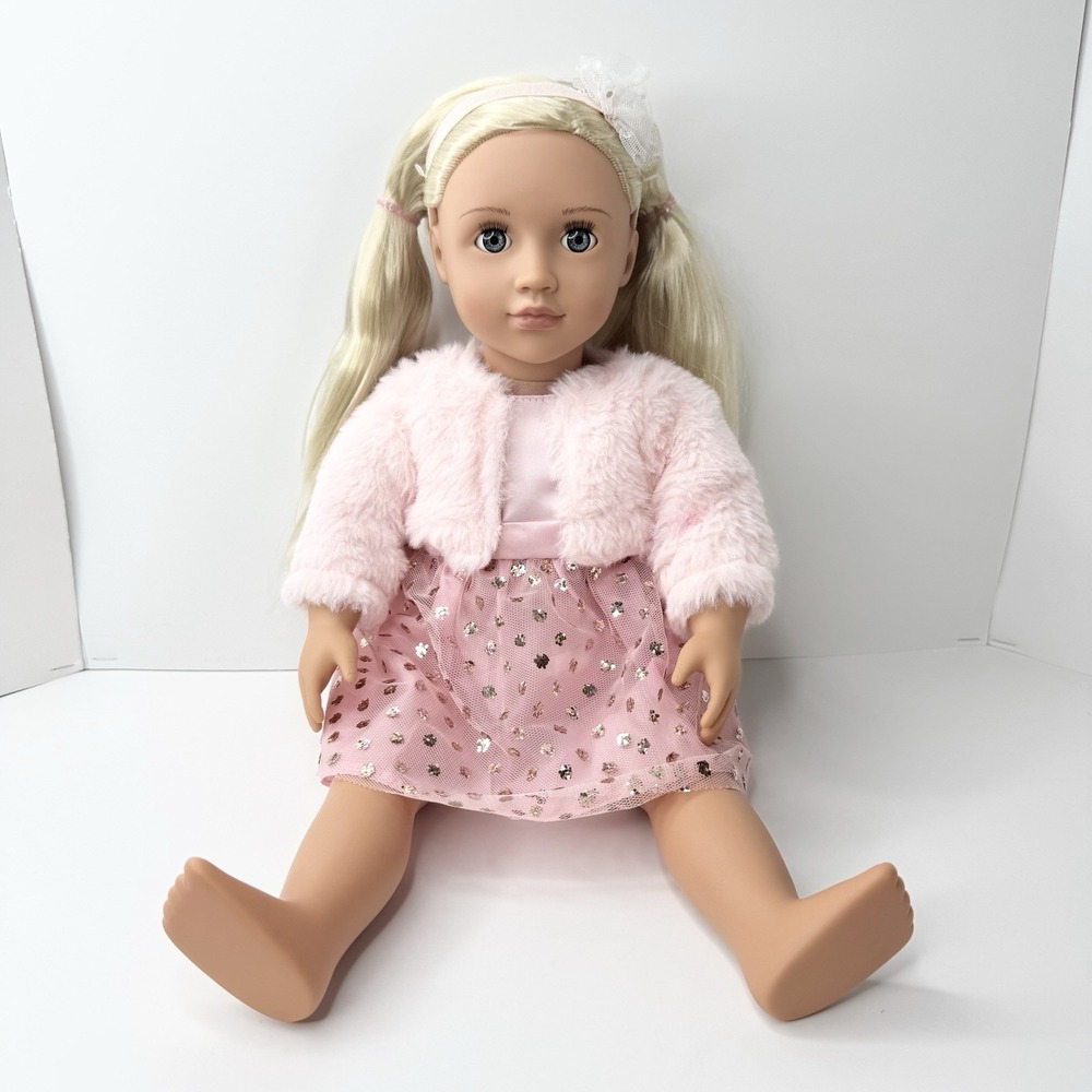Our Generation Millie 17" Doll Blonde Hair Blue Eyes Pink Faux Fur Coat Dress